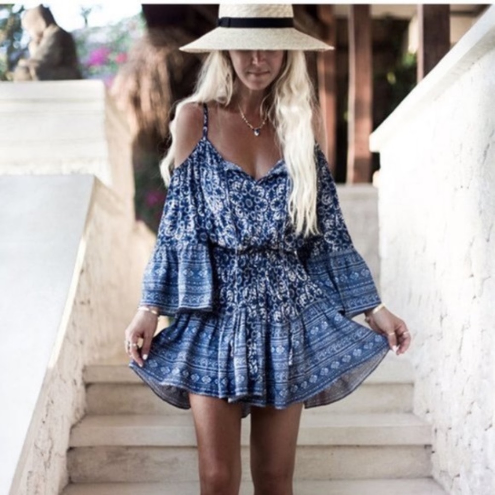 Boho chic cold shoulder blue Print Dress - Picture 1 of 4